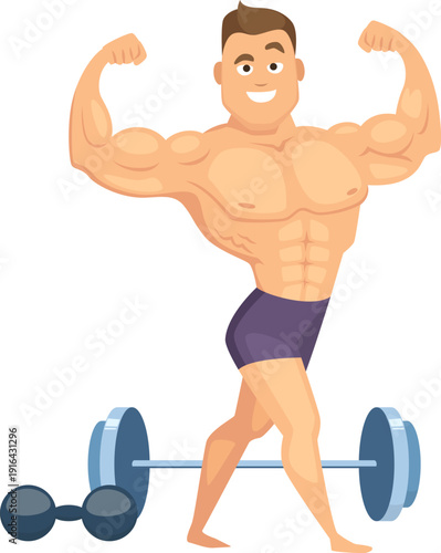 Athlete show strong body. Powerful man cartoon character
