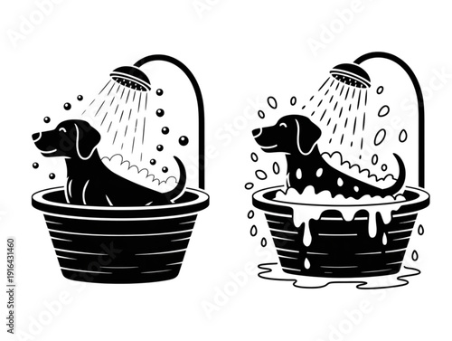 Black and white minimalist vector illustration of a cute dog taking a bath with soap bubbles