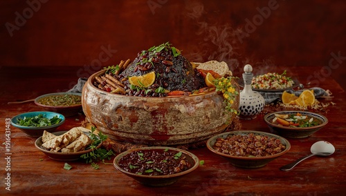 Traditional Brazilian Feijoada with Black Beans, Pork and Sausage Served with Rice, Collard Greens and Orange Slices – Classic South American Comfort Food in Rustic Homemade Style