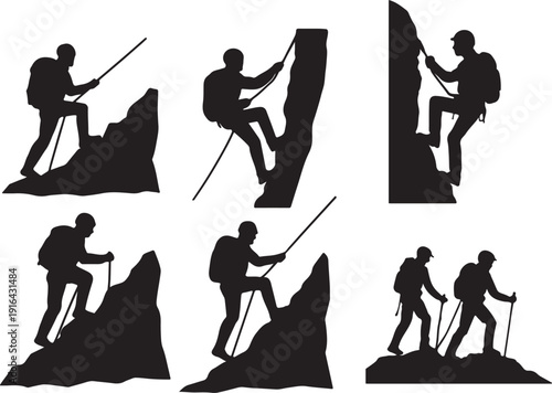 Professional mountain climbers and hikers scaling rocky peaks with ropes for extreme sports adventure tourism outdoor branding and mountaineering design