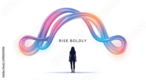 Silhouette of a woman standing under colorful gradient infinity loop with 'RISE BOLDLY' text