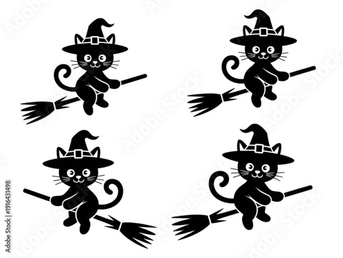 Black and white minimalist icon set of cute black cats wearing witch hats flying on broomsticks