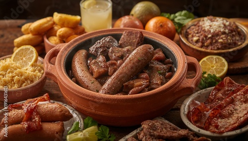 Traditional Brazilian Feijoada with Black Beans, Pork and Sausage Served with Rice, Collard Greens and Orange Slices – Classic South American Comfort Food in Rustic Homemade Style