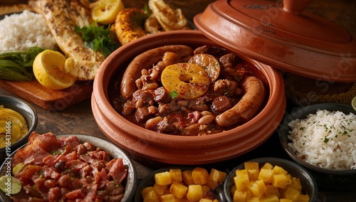 Traditional Brazilian Feijoada with Black Beans, Pork and Sausage Served with Rice, Collard Greens and Orange Slices – Classic South American Comfort Food in Rustic Homemade Style