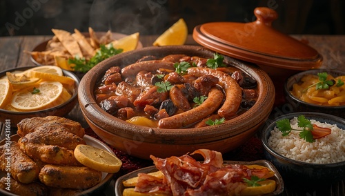 Traditional Brazilian Feijoada with Black Beans, Pork and Sausage Served with Rice, Collard Greens and Orange Slices – Classic South American Comfort Food in Rustic Homemade Style