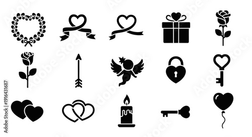 Collection of romantic and love-themed black icons including hearts, roses, gifts, and symbols