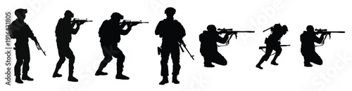 Soldier silhouettes set, black of military men with rifles in action poses, combat icons for security, army, defense, design. Soldiers in Various Poses, vector Set., vector illustration.