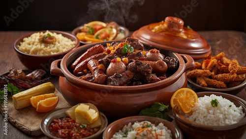 Traditional Brazilian Feijoada with Black Beans, Pork and Sausage Served with Rice, Collard Greens and Orange Slices – Classic South American Comfort Food in Rustic Homemade Style