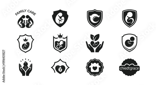 Set of 12 black and white icons symbolizing family, care, protection, and nurturing themes with shields, hands, and hearts