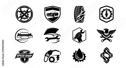 Collection of black and white automotive, repair, and maintenance-themed icons with various symbols