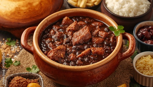 Traditional Brazilian Feijoada with Black Beans, Pork and Sausage Served with Rice, Collard Greens and Orange Slices – Classic South American Comfort Food in Rustic Homemade Style