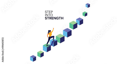 Vector illustration of a person climbing up a staircase of colorful blocks, symbolizing growth and empowerment, isolated on transparent background