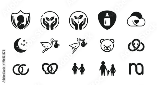 Set of 16 black and white icons representing health, nature, sleep, animals, love, and relationships