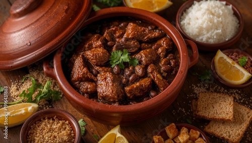 Traditional Brazilian Feijoada with Black Beans, Pork and Sausage Served with Rice, Collard Greens and Orange Slices – Classic South American Comfort Food in Rustic Homemade Style