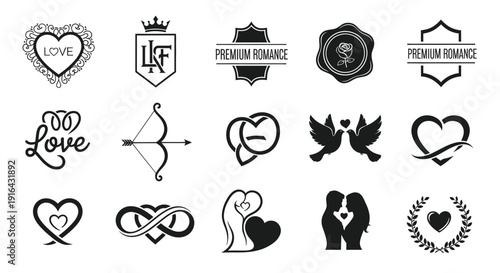 Collection of black and white romantic logos, icons, and symbols including hearts, doves, and arrows