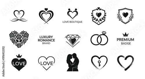 Collection of black and white romantic love-themed logos featuring hearts, flowers, and couples
