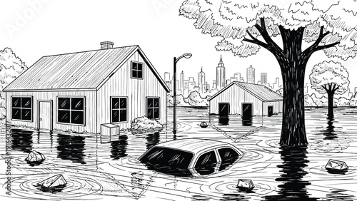 Illustration of a flooded suburban scene with water engulfing houses, a partially submerged car, trees, and scattered rocks. The skyline of a distant city looms.