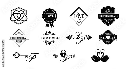 Collection of black and white vintage-style love and wedding-themed logos and icons