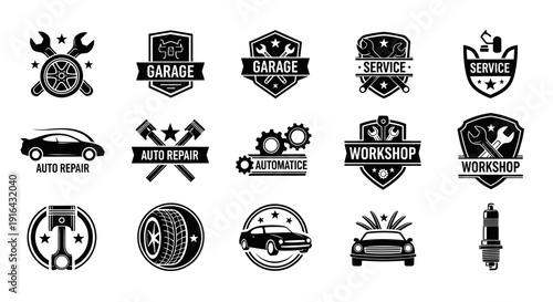 Collection of black and white automotive repair and service icons including badges, tools, cars, and parts