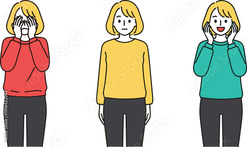 Set of young blonde woman showing different facial expressions of sadness neutral face and happy joy isolated on white background