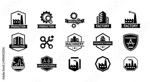 Collection of black industrial logos representing production, machinery, engineering, and manufacturing themes