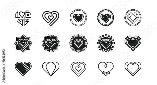 Collection of 15 black and white love-themed heart icons with varied intricate designs and patterns