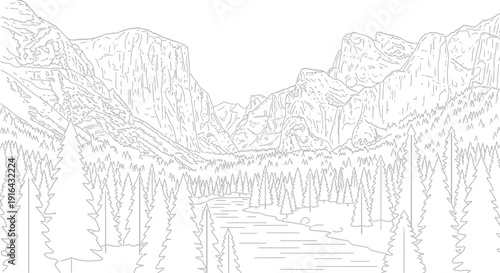 Majestic Yosemite valley line art drawing featuring towering granite cliffs overlooking a serene river and dense evergreen forest landscape for coloring