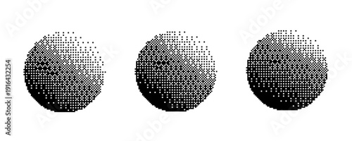 Bitmap dither pixel texture gradient effect spheres set isolated, abstract halftone effects for a computer retro game, vector creative concept, Y2K pixelated art, grain, noise, tone, grunge style.