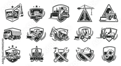 Collection of monochrome construction and heavy machinery badges featuring excavators, bulldozers, cranes, trucks, loaders, cement mixers, and tools with shield and laurel designs