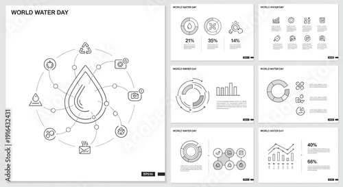 World water day infographic template featuring a central water drop icon connected to various sustainability and resource management concepts via line art diagrams