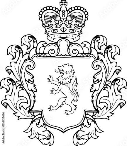 Antique heraldry with royal lion. Ancient nobility crest