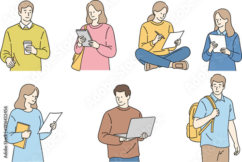 Set of diverse young students and professionals studying working with laptops tablets notebooks and coffee isolated on white background vector