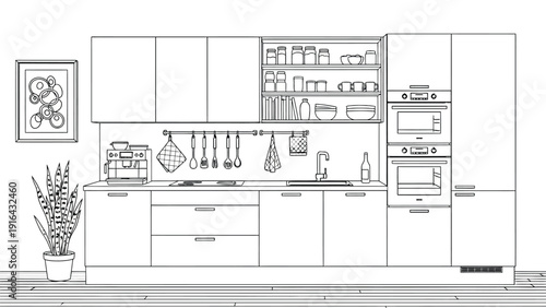 Line art of a modern kitchen with cabinets, open shelves holding jars and dishes, a coffee maker, utensils on a rack, and wall oven. Calm and organized atmosphere.