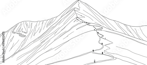 Minimalist black and white line art drawing depicts numerous hikers ascending a steep winding switchback trail towards a distinct mountain summit.