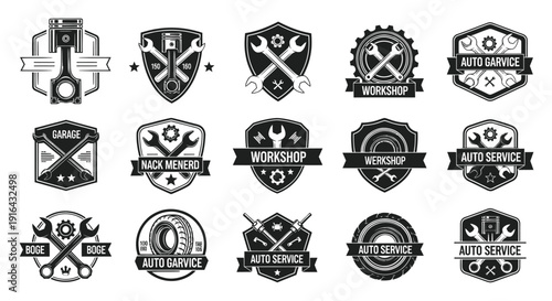 Collection of monochrome automotive repair, mechanic, and workshop badges with tools and gears