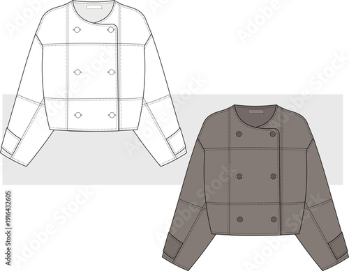 Unisex streetwear Coat fashion design technical drawing, illustration. Winter wear Jacket, cardigan flat sketch, vector. CAD, Mockup Set.