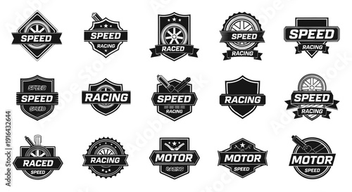 Collection of black and white racing-themed badges featuring shields, wheels, and speed-related text