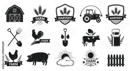 Collection of black and white farm-themed icons including buildings, crops, animals, tools, and symbols