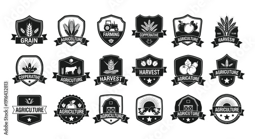 Collection of black and white vintage-style farming and agriculture badges with various crop, animal, and machinery icons