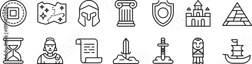 Ancient history line icons set with helmet, shield, castle and pyramid, medieval and classical symbols outline vector illustration collection isolated