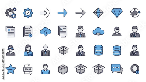 Business and data icon set for workflow, cloud, and analytics