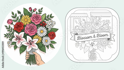 Vibrant Flower Bouquet Held by Hand with Line Art Floral Shop Design