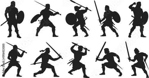 Medieval warrior silhouettes collection with swords and shields, ancient knight fighters in action poses, black vector illustration isolated on white background