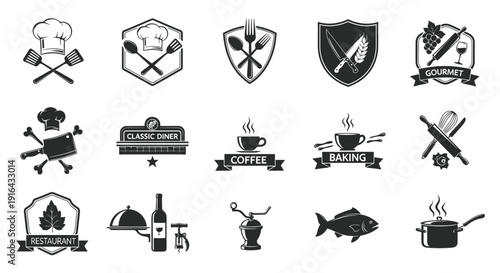 Set of 15 black and white culinary-themed icons including chef hats, utensils, and food-related symbols