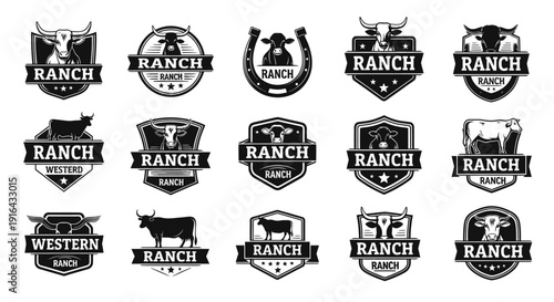 Collection of black-and-white ranch-themed emblems featuring cows, bulls, and Western motifs in badge styles