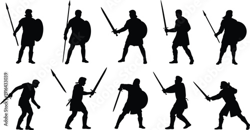 Medieval soldier silhouettes set with swords, spears and shields, ancient warrior characters in battle poses, black vector illustration isolated on white