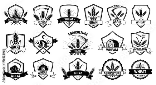 Collection of black and white vintage wheat and agriculture-themed badge logos with shields, banners, and various designs