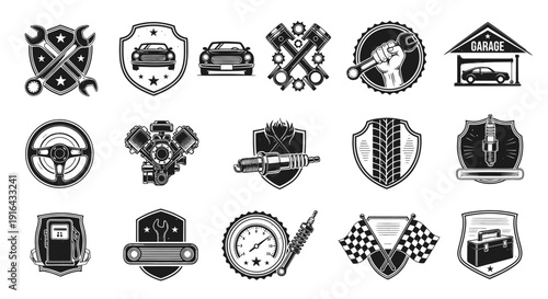 Collection of black and white automotive repair, racing, and service icons with shields and tools