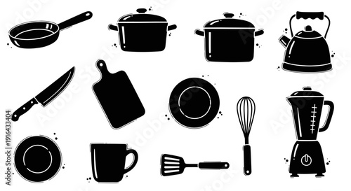 Collection of black and white kitchen utensils including pots, pans, kettle, knife, chopping board, plates, mug, whisk, spatula, and blender