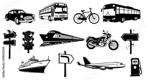 Collection of black and white illustrations featuring various vehicles including cars, buses, trains, motorcycles, bicycles, ferry, airplane, and fuel pump with directional signs